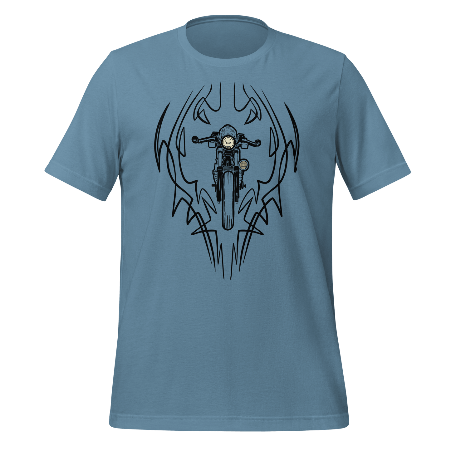 Cafe Racer Pinstripe Motorcycle T-shirt with classic hot rod design in blue, featuring lightweight and sleek style for moto enthusiasts.