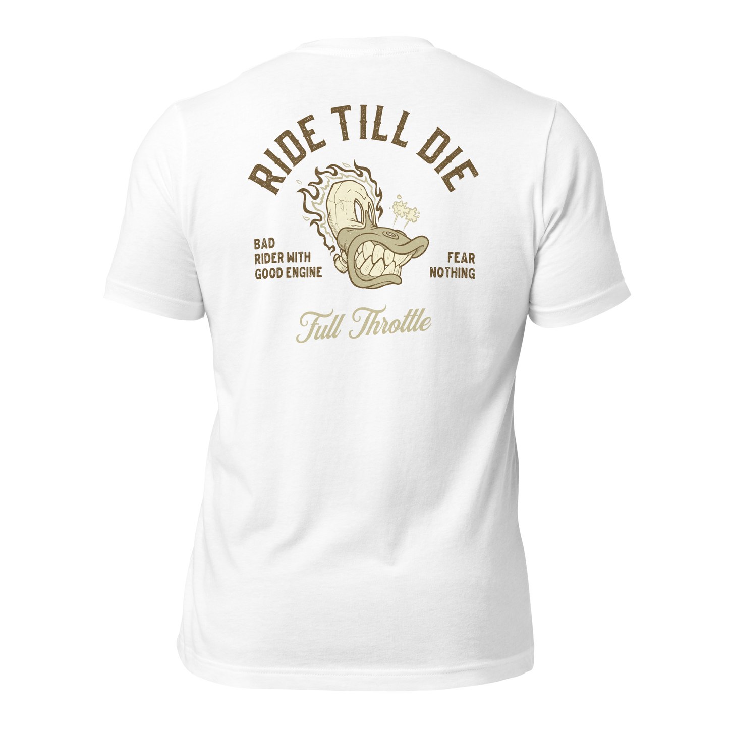 White Ride Till Die t-shirt featuring edgy skull graphic, ideal for bikers