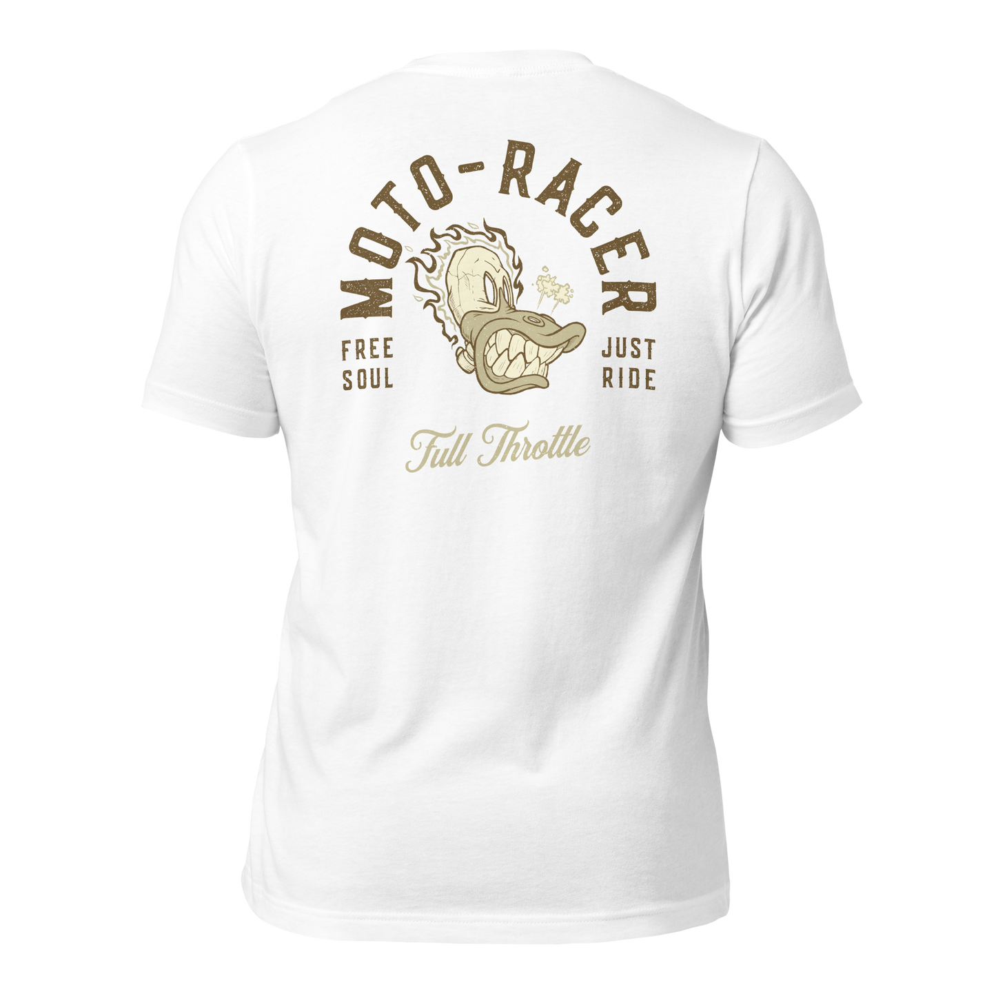 Moto Racer t-shirt featuring a "Free Soul" and "Just Ride" design with a vintage motor graphic on a soft, lightweight fabric.