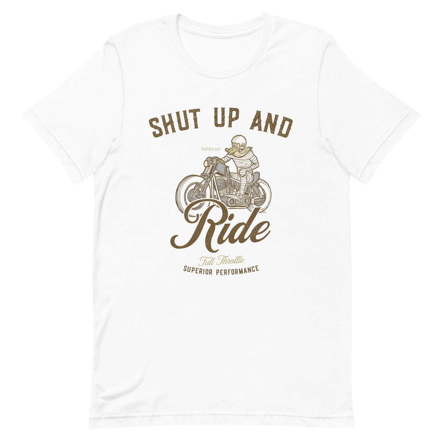 Motorcycle t-shirt with "Shut Up and Ride" slogan, featuring a biker graphic, perfect moto gift for style and attitude.