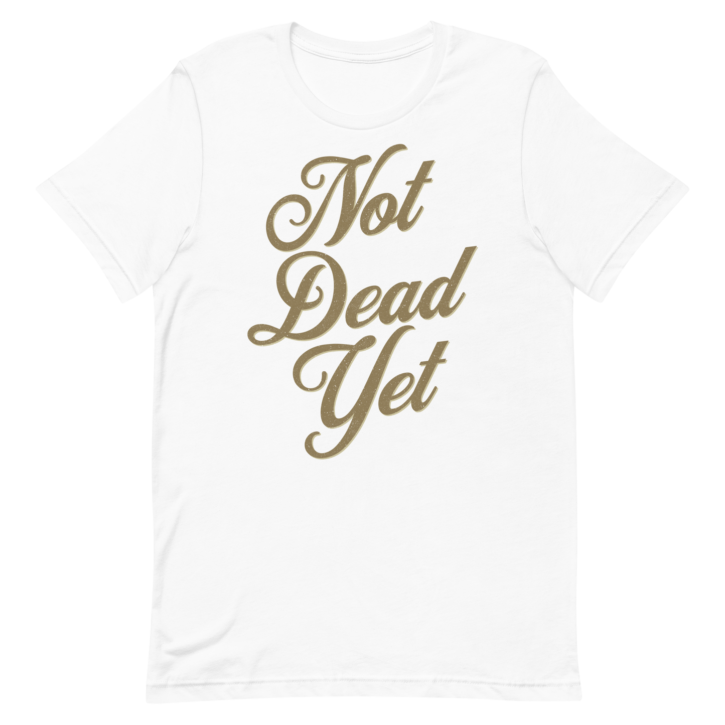 "Not Dead Yet" retro motorcycle t-shirt with bold vintage lettering on white fabric, embodying rebellious biker spirit.