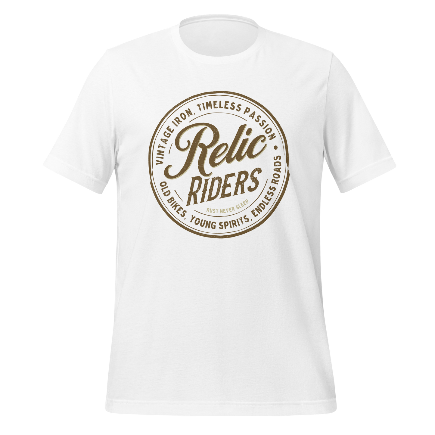 Relic Riders Motorcycle T-shirt featuring vintage-inspired design with "Vintage Iron, Timeless Passion" slogan on a white tee.