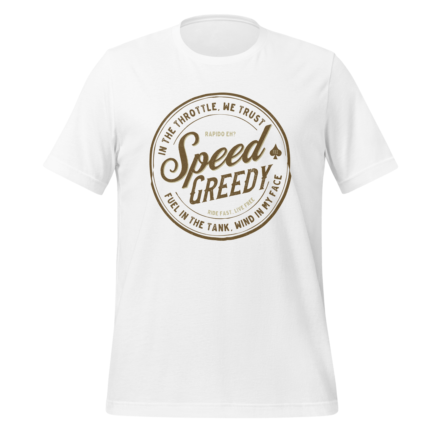 Speed Greedy Motorcycle t-shirt with vintage design, ideal for bike enthusiasts. Soft, lightweight fabric for comfort and style.