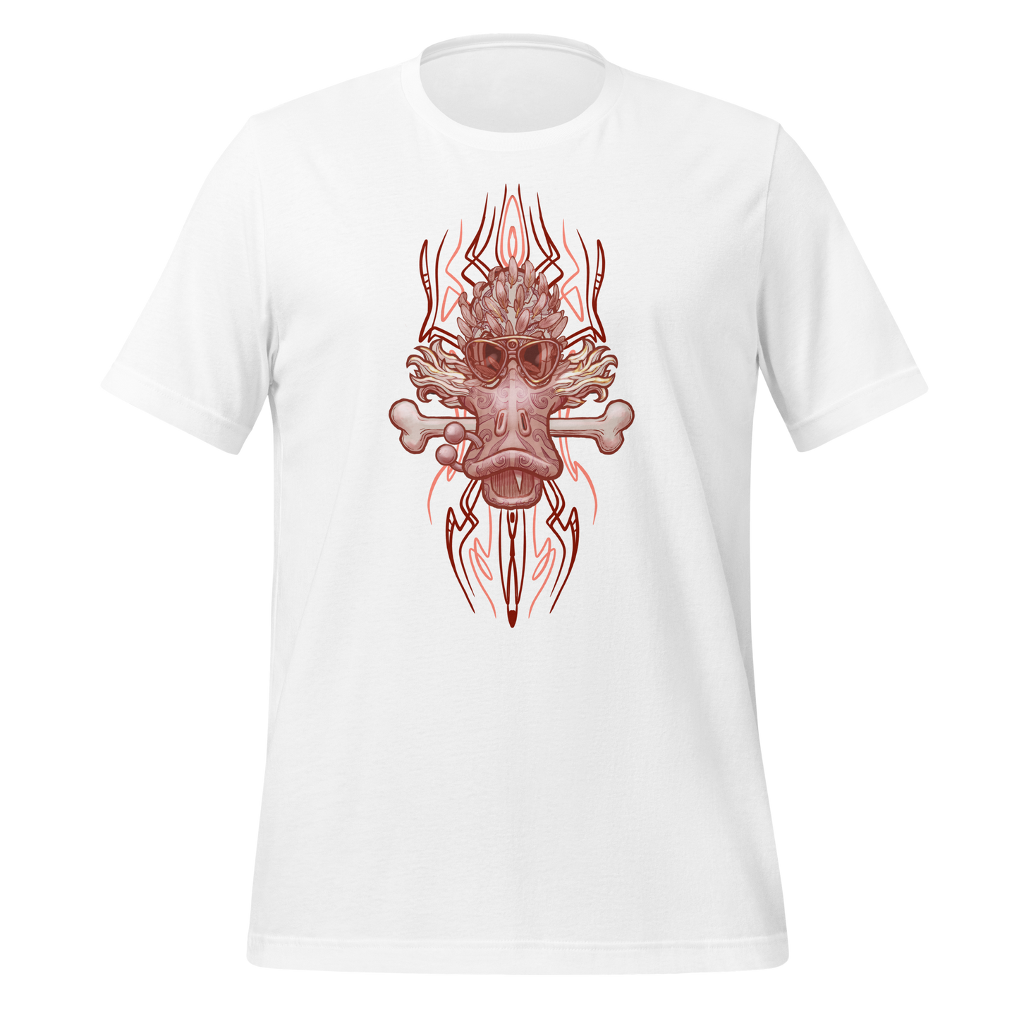 White t-shirt featuring a detailed red hot rod pinstripe duck design, perfect for street rod and motorcycle enthusiasts.