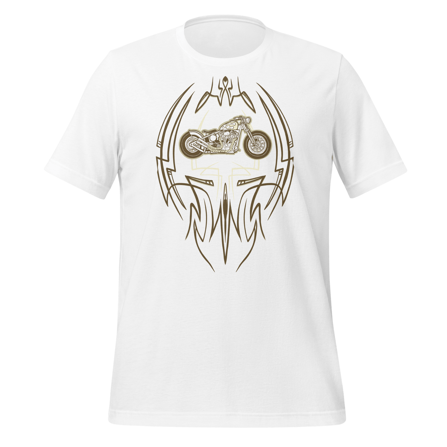 White Pinstripe Bobber Motorcycle T-shirt with classic hot rod design and vintage bike graphic for motorcycle enthusiasts.