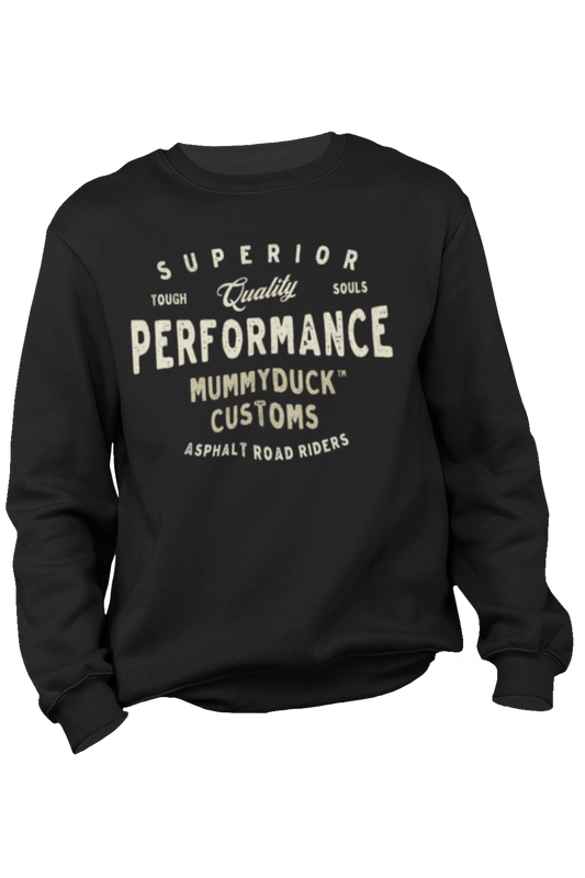 A sturdy and warm sweatshirt bound to keep you warm in the colder months. A pre-shrunk, classic fit Superior performance Motorcycle Sweatshirt by Mummyduck Customs is made with air-jet spun yarn for a soft feel and reduced pilling. Design by Harri from HEL