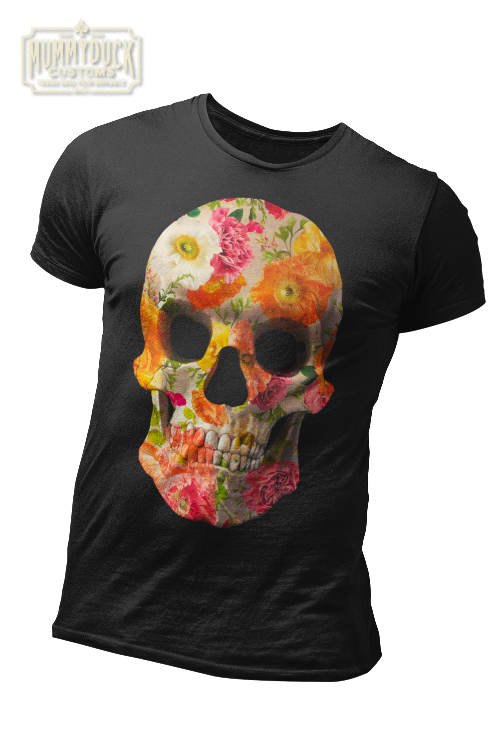 black t-shirt with flower texture skull