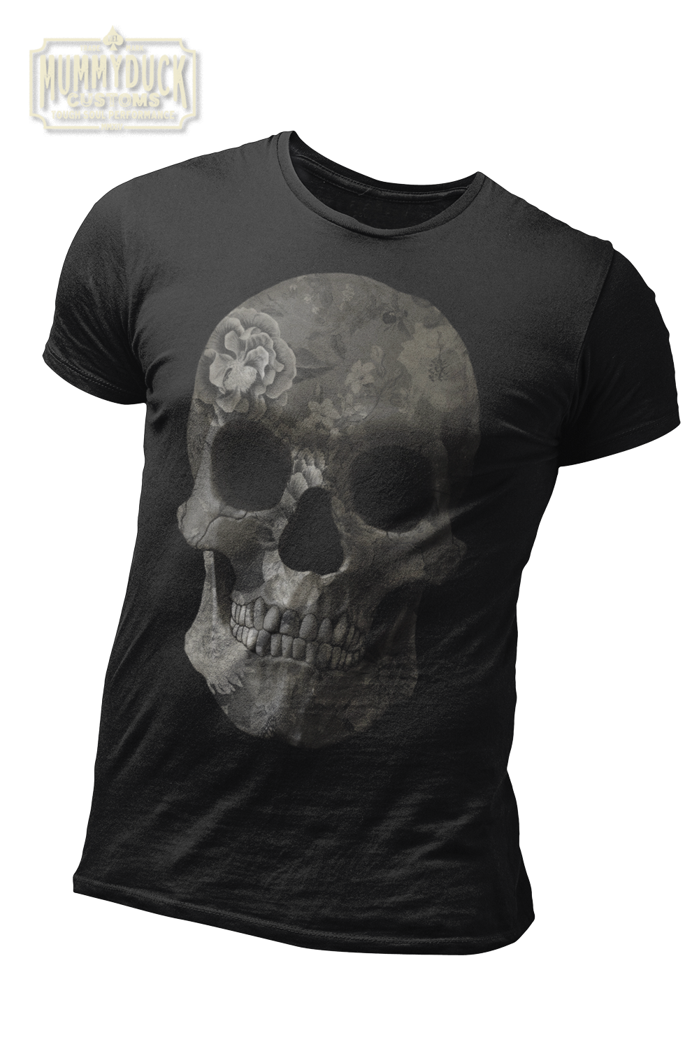 black t-shirt with flower texture grey skull