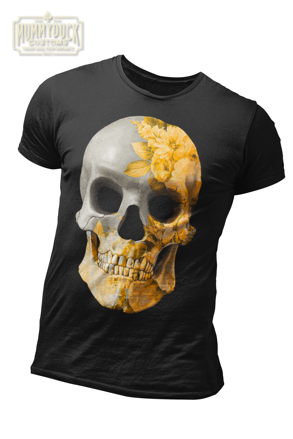 black t-shirt with ligth golden flower texture grey skull