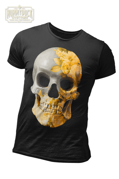 black t-shirt with ligth golden flower texture grey skull