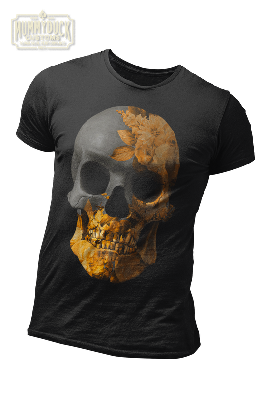 black t-shirt with golden flower texture grey skull