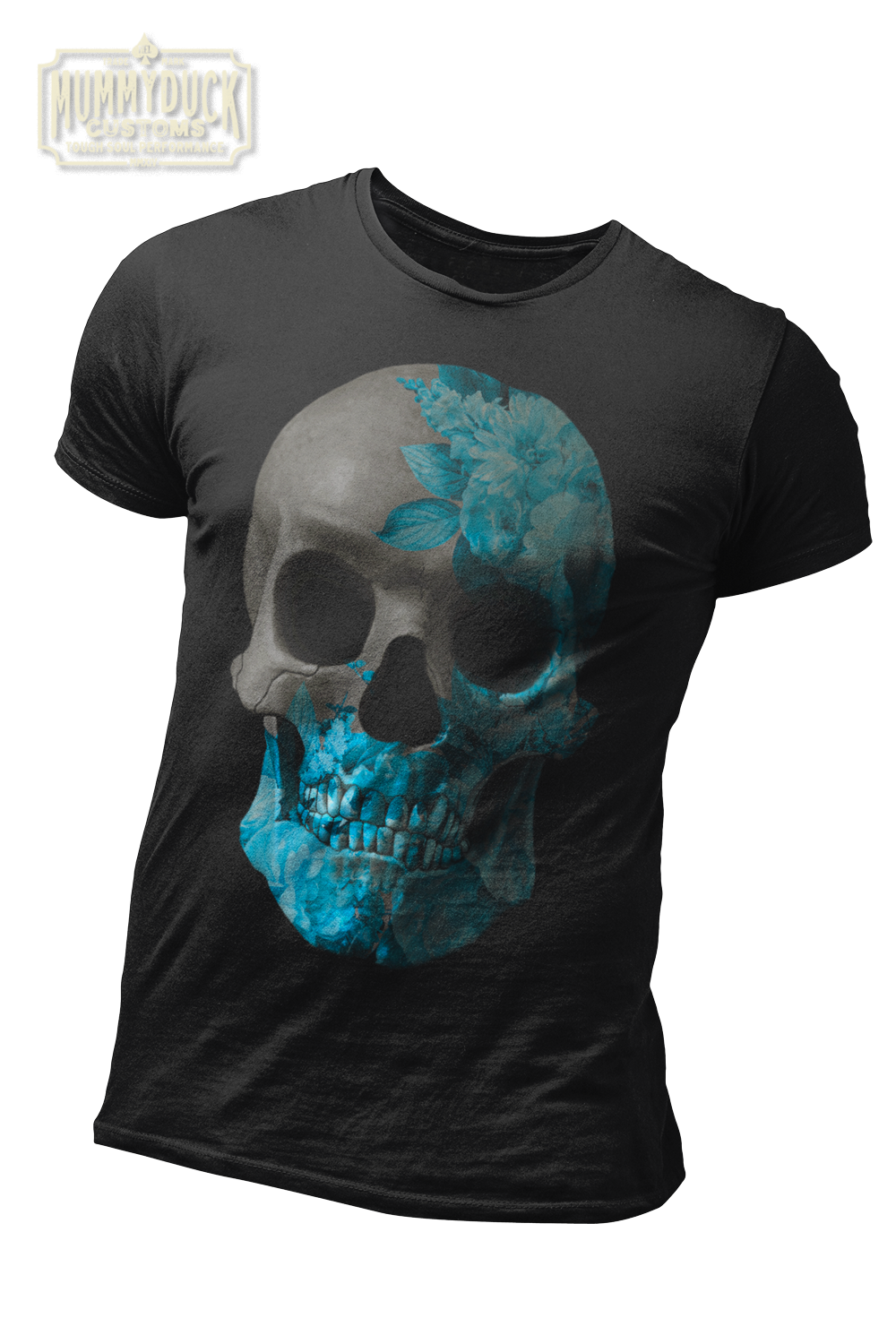 black t-shirt with blue flower texture skull