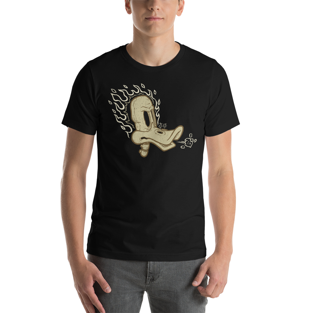 black motorcycle t-shirt with flaming duck skull illustration