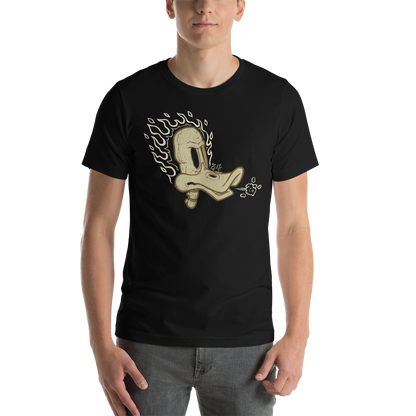 black motorcycle t-shirt with flaming duck skull illustration