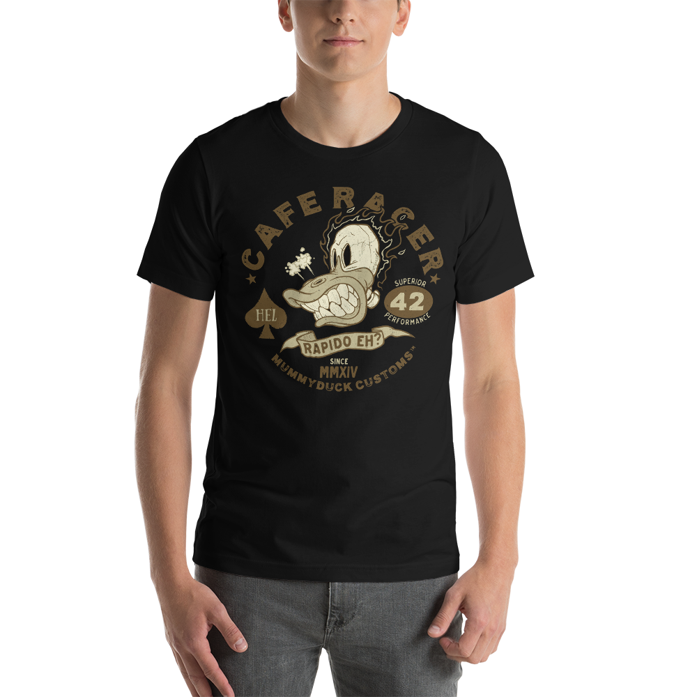 Black cafe racer motorcycle t-shirt with illustration