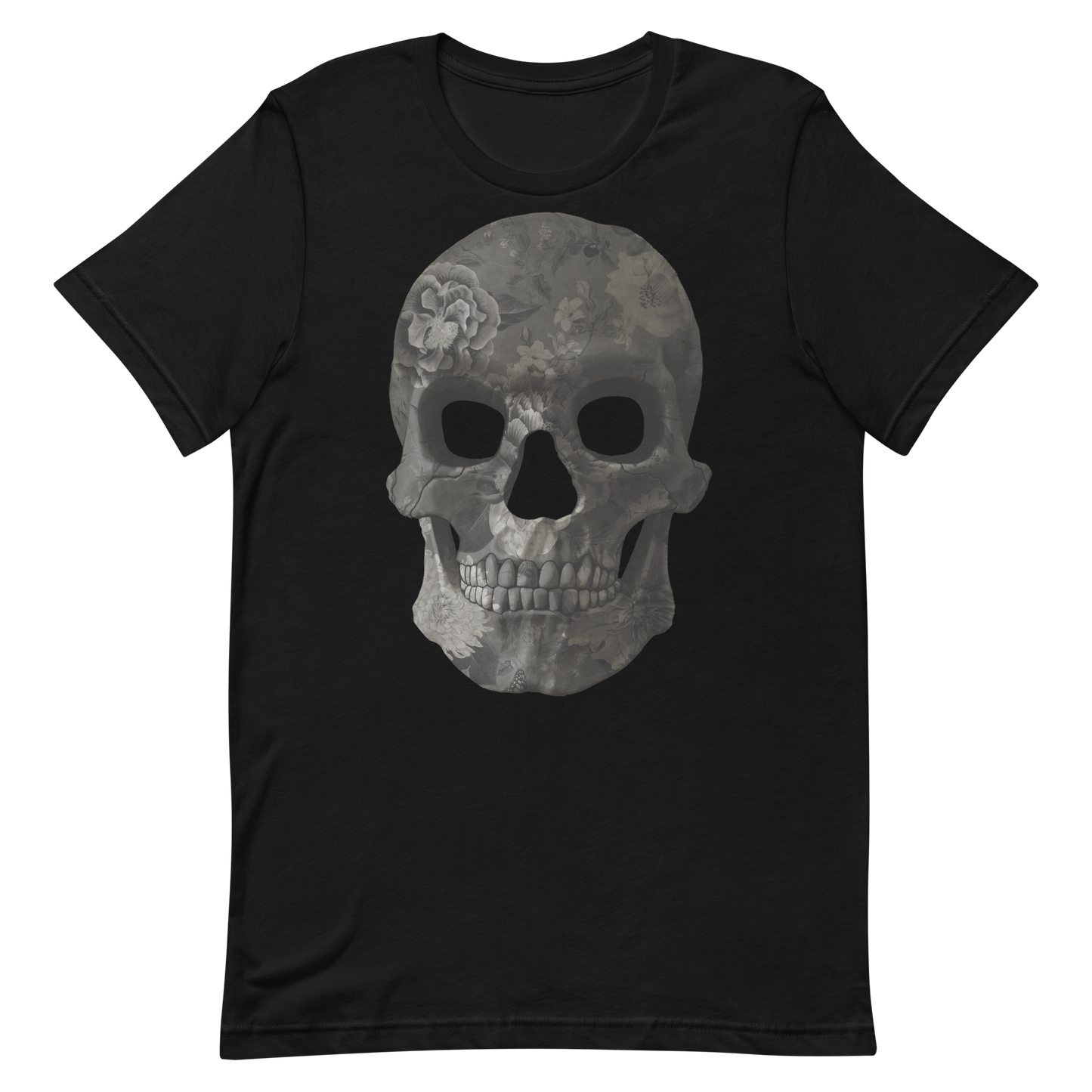 black t-shirt with flower texture grey skull 