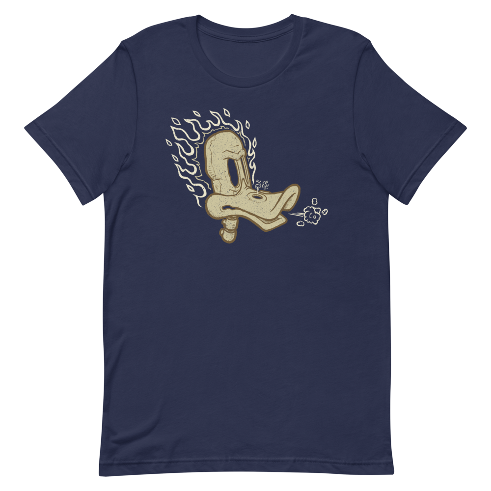 blue motorcycle t-shirt with flaming duck skull illustration